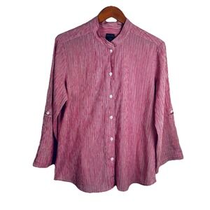 Chicos 3 Additions Sz XL Red White Striped‎ Seersucker Cotton Roll Tab Shirt